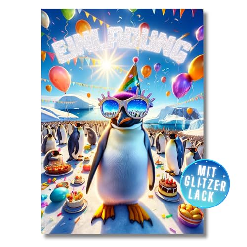 HIDEBLOOM I GLITZER Einladungskarten Kindergeburtstag Mädchen I 12 Stück I DIN A6 I Lässiger Pinguin I Einladung Geburtstag mit Glitzerlack I Kinderparty I Einladungskarten Teenager I Glitzerkarte von HIDEBLOOM