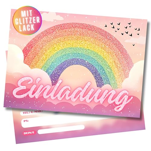 HIDEBLOOM I GLITZER Regenbogen Einladungskarten Kindergeburtstag Mädchen I 12 Stück I DIN A6 (10,5 cm x 14,8 cm) I Rainbow Einladung Geburtstag I Kinderparty I Geburtstagseinladungen Kinder von HIDEBLOOM