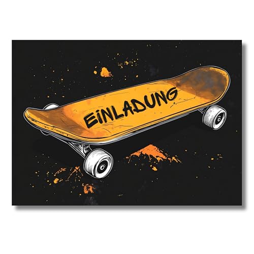 HIDEBLOOM I Graffiti Skateboard Einladungskarten Kindergeburtstag Junge und Mädchen I 12 Stück I DIN A6 (10,5 cm x 14,8 cm) I Graffiti Einladung Geburtstag I Einladungskarte Teenager I Orange Graffiti von HIDEBLOOM