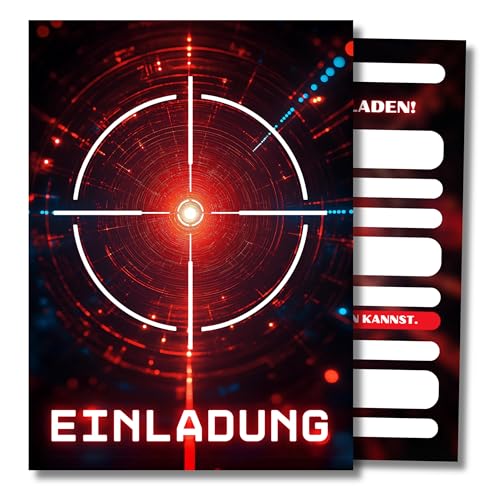 HIDEBLOOM I Lasertag Einladungskarten Kindergeburtstag Jungen I 12 Stück I DIN A6 (10,5 cm x 14,8 cm) I Einladung Geburtstag Lasertag I Gaming Party I Einladungskarten Laser Tag Fadenkreuz von HIDEBLOOM