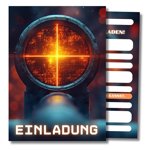 HIDEBLOOM I Lasertag Einladungskarten Kindergeburtstag Jungen I 12 Stück I DIN A6 (10,5 cm x 14,8 cm) I Einladung Geburtstag Lasertag I Gaming Party I Einladungskarten Laser Tag Visier von HIDEBLOOM