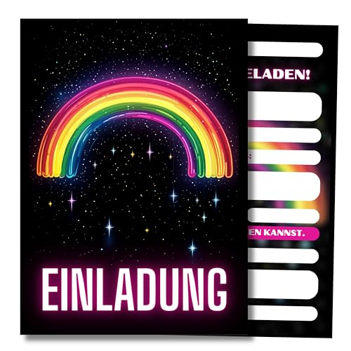 HIDEBLOOM I Neon Regenbogen Einladungskarten Kindergeburtstag Mädchen Jungen I 12 Stück I DIN A6 (10,5 cm x 14,8 cm) I Neon Rainbow Stars Einladung Geburtstag I Geburtstagseinladungen Kinder Party von HIDEBLOOM