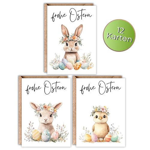 HIDEBLOOM I Osterkarten Klappkarten Set Osterhase mit Umschlag I 12 Stück I DIN A6 (10,5 cm x 14,8 cm) I Osterkarten Set mit Umschlägen I Ostereier Osterhase Küken Lamm I Grußkarten Ostern Postkarte von HIDEBLOOM