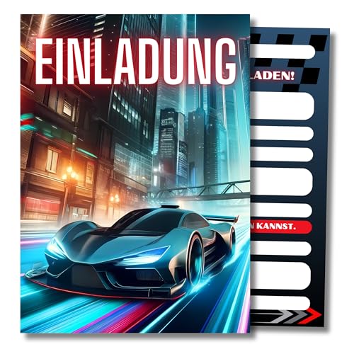 HIDEBLOOM I Racing Einladungskarten Geburtstag Jungen I 12 Stück I DIN A6 (10,5 cm x 14,8 cm) I Einladung Kindergeburtstag I Kinderparty I Einladungskarten Gokart I Teens I Postkarten Auto von HIDEBLOOM