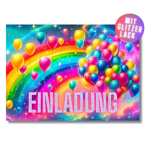 HIDEBLOOM I Regenbogen Einladungskarten Kindergeburtstag Mädchen I 12 Stück I DIN A6 (10,5 cm x 14,8 cm) I Einladung Geburtstag Balloon I Kinderparty I Pinke glitzer Geburtstagseinladungen von HIDEBLOOM