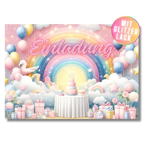 HIDEBLOOM I Regenbogen Einladungskarten Kindergeburtstag Mädchen I 12 Stück I DIN A6 (10,5 cm x 14,8 cm) I Einladung Geburtstag Prinzessin I Kinderparty I Pinke glitzer Geburtstagseinladungen von HIDEBLOOM