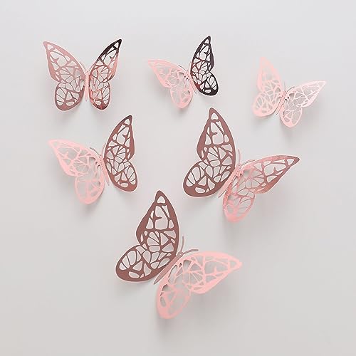 Schmetterlings-Kuchenaufsatz, 12 Stück, alles Gute for Geburtstag-Aufkleber, Aufsatz for Kuchendekorationen, 3D-Wandaufkleber, Hochzeit, Basteln, Party (Size : Rose gold-I (12pcs)) von HIFFEY