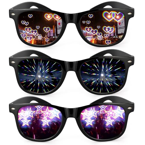 3 Stück Diffractions Party Brille, mit 3D Prisma Herz Stern Effekt, Lustige Brillen Brechungsbrillen Herz Brille Effekt, Rave Brille Herren Damen für Nacht EDM Feuerwerk Show Karneval Party Club von Hifot