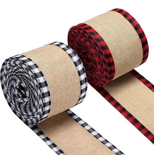 Burlap Roll Ribbon, Jute Stoff Crafts Ribbon, 4 m Weihnachts-Büffelkaro-Bänder mit Drahtrand, Sackleinen-Spitzenstoff, Bastelband, Rollen mit kariertem Rand, 6,3 cm breit(Black) von HIFRQVVC