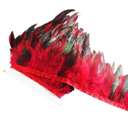 Party Hochzeitskleid Nähen Basteln Kostüme Federn 2 Yards Hahnenfederbesatz, 10–18 cm, aufgereiht, Hühnerfedern, Besatz, Kleid, Rock, Kostüm, Karneval, Dekoration(Red) von HIFRQVVC