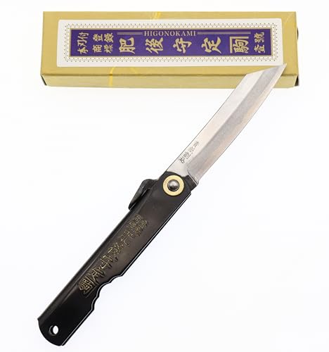 Higonokami Taschenmesser, handgefertigt, japanisch, Tokubetsu Tedukuri, blauer Stahl, mit hohem Kohlenstoffgehalt, geschmiedetes Messer, handgefertigt in Japan von Nagao Kanekoma (schwarzer Griff) von HIGO NO KAMI