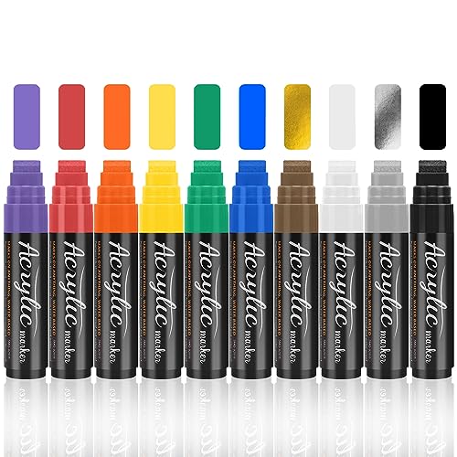 10 Farben 15mm Acrylstifte Breit, 3-in-1 Jumbo Acrylfarben Graffiti Stifte Acrylmarker für Steine Wasserfest, Permanent Marker Fein zum Bemalen Holz Glas Karton Blumentopf Körper Straßenkünstler von HIGSPE