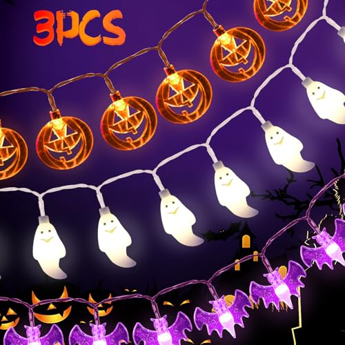 HIGSPE 3 Stück Halloween Lichterkette Outdoor, 3.15M 80 LED Wasserdicht Halloween Beleuchtung, 2 Modi Lichterkette Außen Halloween Deko Led Kürbis, Geister, Fledermaus Anhänger für Party Garten von HIGSPE