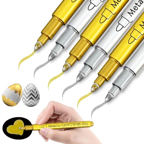 6 Stück Gold Silber Metallic Marker Stifte Set, Silberstift Goldstift Wasserfest Acrylstifte Marker Stift Fließendes Schreiben, Dünn & Fein Permanent Acrylmarkerfür Stein, Holz, Glas, Keramik, Reifen von HIKPACKER