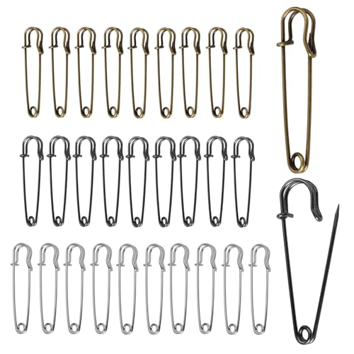 Extragroß Sicherheitsnadel, 30 Stück Große Sicherheitsnadeln Set, Robuste Sicherheitsnadeln Sortiert, Safety Pins Large für Decken, Strickzeug, Schmuck und Handarbeiten (Silber, Gold, Schwarz) von HIKPACKER