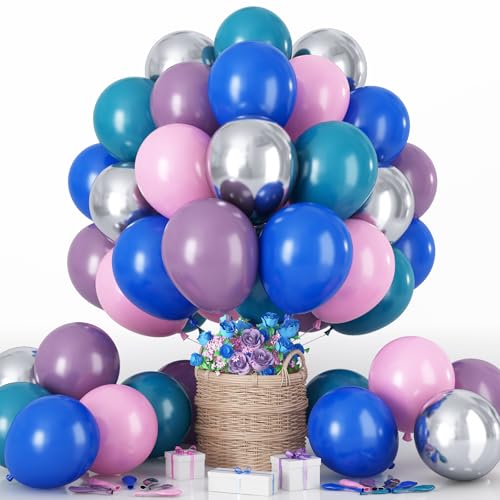 Luftballon Blau Lila Rosa, 60 Stück Retro Dunkel Blau Metallic Silber Dusty Lila Pastell Pink Latex Ballons, 12'' Lila Pink Blau Ballon für Geburtstag Party Deko Hawaii Tropical Babyparty Dekorations von HILAVO