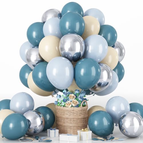 Luftballons Blau Beige, 60 Stück 12 Zoll Retro Dusty Marine Pastell Blau Elfenbein Weiß Metallic Silber Helium Latex Boho Ballon für Junge Geburtstag Taufe Deko Bridal Babyparty Hochzeit Dekorations von HILAVO