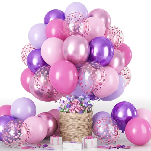 Luftballon Rosa Lila, 60 Stück 12 Zoll Pastell Hot Pink Hell Lila Macaron Rosa Ballons mit Metallic Violett Pink Konfetti Latex Ballons für Mädchen Geburtstag Party Deko Babyparty Hochzeit Dekorations von HILAVO