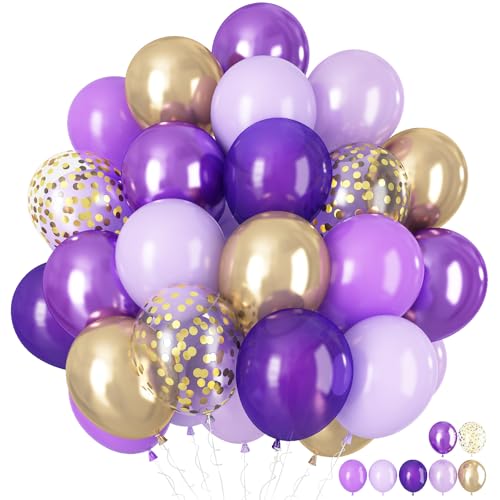 Luftballons Lila Gold, 60 Stück Pastell Lila Matt Dunkellila Violett Metallic Gold Ballon mit 12'' Gold Konfetti Latex Ballon für Mädchen Schmetterling Geburtstag Deko Babyparty Hochzeit Dekorations von HILAVO