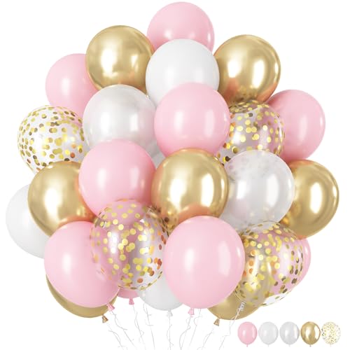 Luftballons Rosa Gold, 60 Stück Pastell Pink Hell Rosa Matt Weiß Metallic Gold Helium Ballon mit 12'' Gold Konfetti Latex Ballon für Mädchen Frau Geburtstag Deko Bridal Babyparty Hochzeit Dekorations von HILAVO