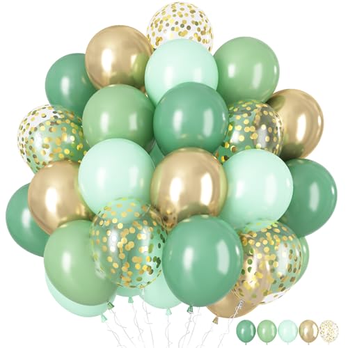 Luftballons Salbeigrün, 60 Stück 12 Zoll Sage Pastell Eukalyptus Grün Olivgrüne Metallic Gold Geburtstag Party Ballons mit Gold Konfetti Latex Luftballons für Kinder Dschungel Safari Babyparty Deko von HILAVO