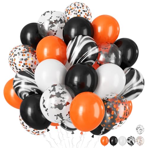 Luftballon Orange Schwarz, 60 Stück 12'' Orange Schwarz Achat Marmor Matt Weiß Latex Halloween Ballon mit Bat Konfetti Helium Ballon für Geburtstag Herbstfest Party Deko Babyparty Hochzeit Dekorations von HILAVO