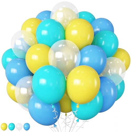 HILAVO Luftballons Türkis 12 Zoll Sponge Ballons Blau Gelb mit Transparent Party Luftballon Turquoise Gelbe Blau Latex Helium Ballon for Ocean Unterwasser Sponge Babyparty Geburtstag Deko von HILAVO