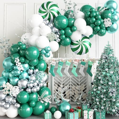 Grün Luftballon Girland Weihnachten, 134 Stück Retro Dunkelgrün Weiß Silber Ballon Girlande Weihnachts Deko mit Süssigkeit Folienballon für Weihnachts Babyparty Neujahr Party Dekoration von HILAVO