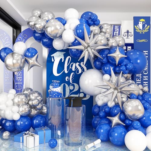 HILAVO Blau Weiß Silber Ballonbogen Kit mit Explosionsstern 4D Silber Folienballons Königsblau Metallic Silber Weiß Ballongirlande für Blau 2025 Abschluss Dekoration Geburtstag Babyparty Party von HILAVO