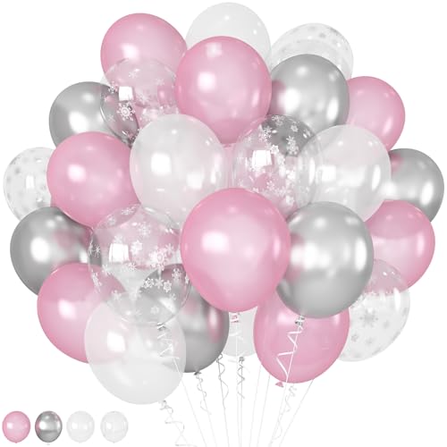 HILAVO Luftballons Rosa Silber, Perl Rosa Weiß Silber Ballons mit Schneeflocken Luftballon, Hell Rosa Weiss Latex Helium Ballon für Geburtstag Weihnachten Winter Onederland Wonderland Babyparty Deko von HILAVO