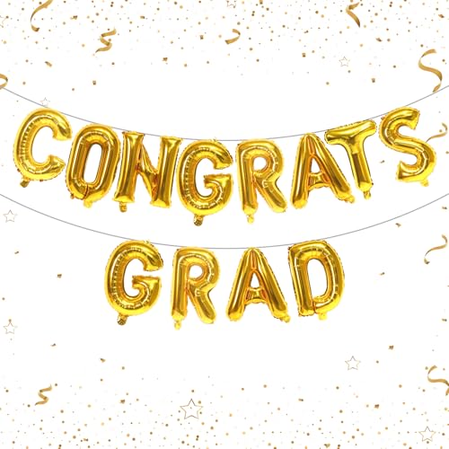 HILAVO Luftballons mit Aufschrift "Congrats Grad", goldfarben, Banner für Abschlussdekorationen, 40,6 cm (16 Zoll) Glückwunsch-Ballons für Abschlussfeier der Klasse 2025, Party-Dekorationen von HILAVO