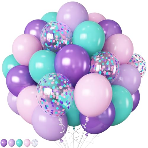 HILAVO Meerjungfrau Luftballon Lila Grün, 60 Stück 12 Zoll Türkis Lila Rosa Grün Party Ballons Blaugrün Violett Konfetti Latex Helium Ballon für Mädchen Meerjungfrau Einhorn Geburtstag Babyparty Deko von HILAVO