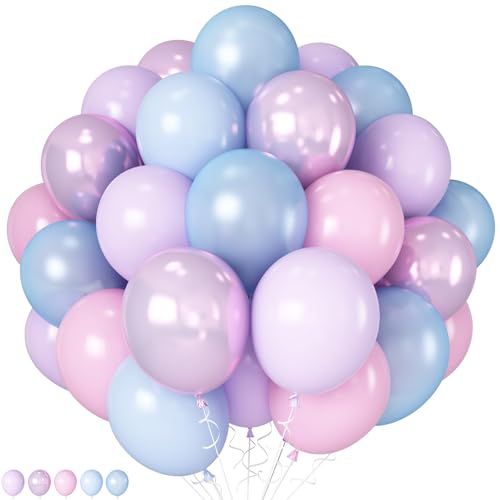 HILAVO Rosa Blau Lila Luftballons, 60 Stück 12 Zoll Pastell Rosa Lila Ballons Metallic Lila Blau Rosa Latex Helium Ballon für Mädchen Meerjungfrau Frozen Geburtstag Hochzeit Babyparty Deko von HILAVO