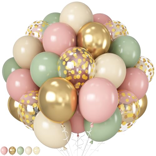 HILAVO Sage Grün und Rosa Luftballons, Dusty Rosa Retro Grün Apricot Party Ballons, Salbeigrün Beige Gold Konfetti Latex Ballon für Boho Geburtstag Nussknacker Weihnachten Dschungel Babyparty Deko von HILAVO