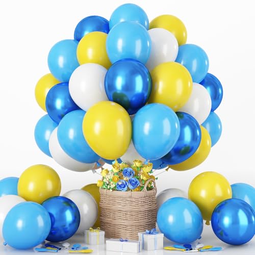 Luftballon Blau Gelb, 60 Stück Pastell Metallic Blau Gelb Weiß Latex Ballons, 12 Zoll Hell Blau Gelb Weiss Helium Ballon für Junge Männer Geburtstag Party Deko Babyparty Hochzeit Jahrestag Dekorations von HILAVO