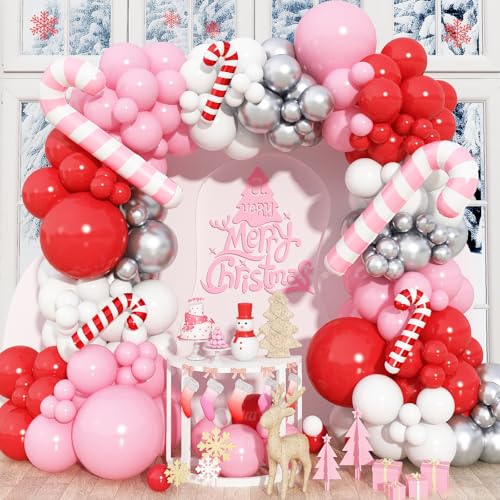 Luftballon Girland Weihnachten, 147 Stück Rot Rosa Weiß Silber Ballon Girlande Weihnachts Deko mit Süssigkeit Zuckerstange Folienballon für Mädchen Weihnachts Party Babyparty Dekoration von HILAVO