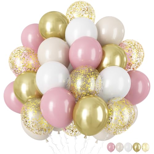 Luftballon Rosa Gold, 60 Stück 12'' Retro Dusty Pink Matt Weiß Sand Metallic Gold Ballon mit Gold Konfetti Latex Helium Ballons für Mädchen Geburtstag Party Deko Bridal Babyparty Hochzeit Dekorations von HILAVO