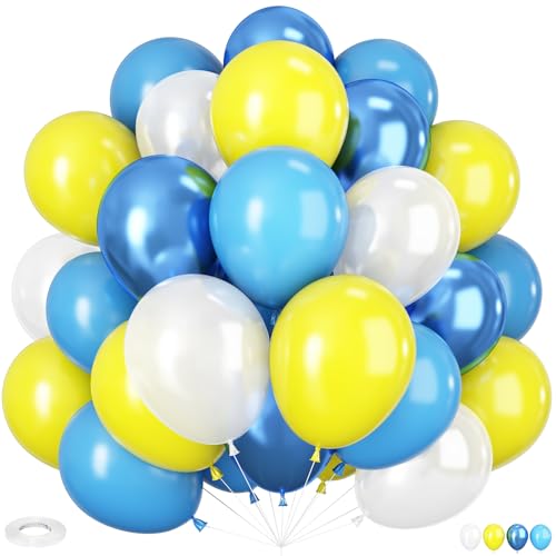 Luftballons Blau Gelb,60 Stück 12 Zoll Hellblau Metallisch Blau Weiß Gelb Luftballons Latex Ballons für Junge Geburtstag Sponge Babyparty Deko von HILAVO