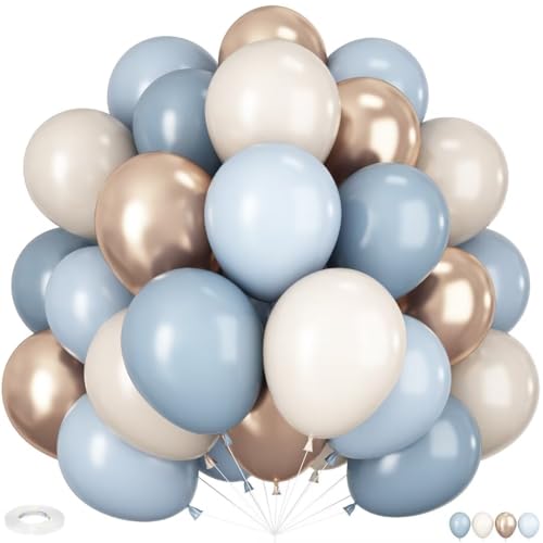 Luftballons Blau Gold, 60 Stück 12 Zoll Retro Dusty Blau Hellblau Sand Weiß Luftballons Metallic Gold Latex Ballons für Kinder Junge Geburtstagsdeko Babyparty Hochzeit Party Dekoration von HILAVO