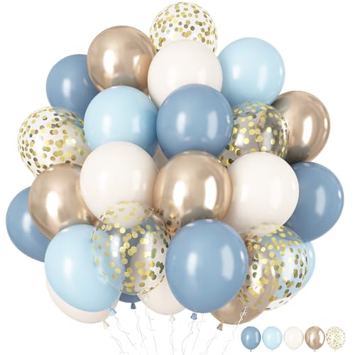 Luftballons Blau Gold, 60 Stück 12 Zoll Retro Dusty Blau Türkis Blaue Weiß Sand Metallic Champagner Gold Geburtstag Party Ballon mit Gold Konfetti Latex Boho Ballon für Bridal Babyparty Hochzeits Deko von HILAVO