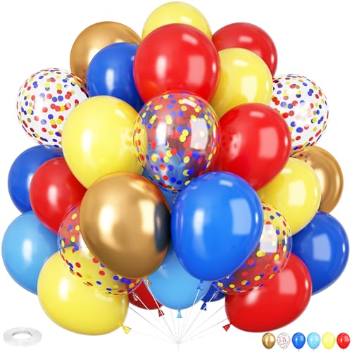 Luftballons Blau Rot Gelb, 60 Stück 12 Zoll Matt Gelb Blau Rot Konfetti Latex Ballons für Kinder Geburtstag Faschingdeko Babyparty Karneval Party Deko von HILAVO