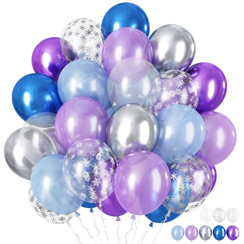 Luftballons Frozen, 60 Stück 12'' Frozen Helium Ballon Pastell Blau Hell Lila Metallic Silber mit Schneeflocke Konfetti Transparent Latex Ballon für Geburtstag Deko Winterparty Hochzeit Elsa Dekoraion von HILAVO