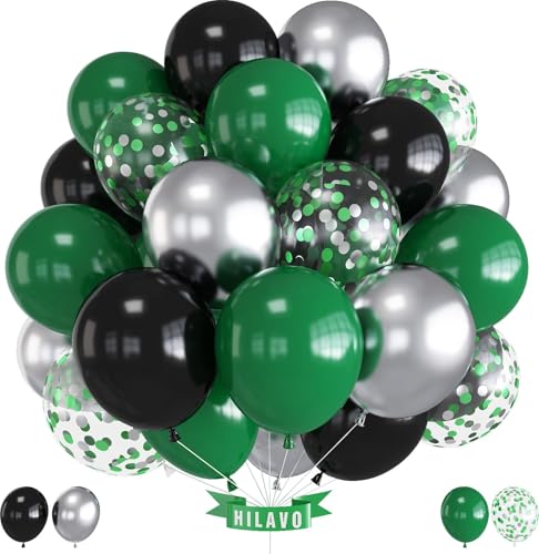 Luftballons Grün Schwarz 12 Zoll Dunkelgrün Schwarz Metallic Silber Latex Konfetti Luftballons Set Geburtstag Party Ballons Deko für Jungen Männer Fußball Videospieler Thema Babyparty Dekorationen von HILAVO