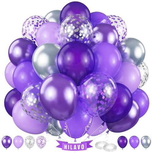 Luftballons Lila Silber 60 Stück 12 Zoll Dunkelviolett Silber Konfetti Luftballons Set Königs Royal Lila Party Ballons für Mädchen Frau Schmetterling Ruhestand Hochzeit Braut Babyparty Geburtstag Deko von HILAVO