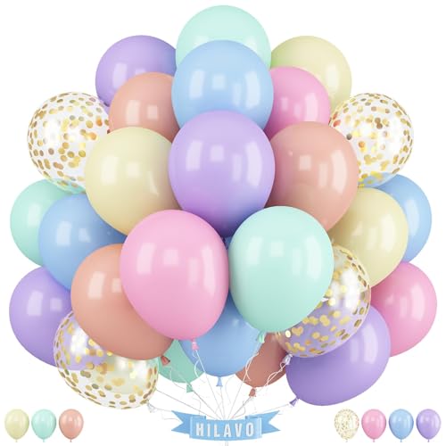 Luftballons Pastell Bunt 12 Zoll Pastell Regenbogen Macaron Gold Latex Konfetti Luftballons Set Geburtstag Party Ballons Deko für Mädchen Ostern Verlobung Hochzeit Jahrestag Babyparty Dekorationen von HILAVO