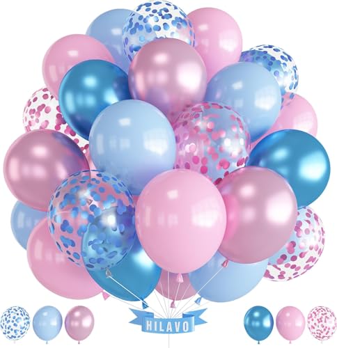 Luftballons Rosa Blau 12 Zoll Pastell Rosa Blau Latex Konfetti Luftballons Set Gender Reveal Boys or Girls Party Ballons Deko für Kinder Macaron Thema Babyparty Geburtstag Dekorationen von HILAVO