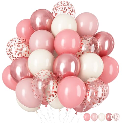 Luftballons Rosa Roségold, 60 Stück 12 Zoll Retro Pink Dusty Rosa Altrosa Weiß Sand Ballon mit Metallic Roségold Konfetti Latex Boho Ballon für Mädchen Geburtstag Party Bridal Babyparty Hochzeits Deko von HILAVO