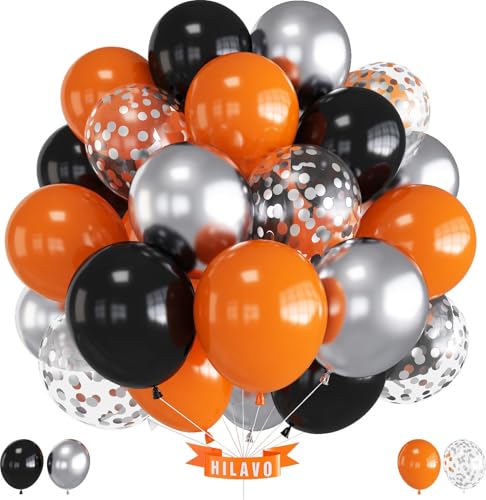 Luftballons Schwarz Orange 12 Zoll Schwarz Orange Metallic Silber Latex Konfetti Luftballons Set Geburtstag Party Ballons Deko für Halloween Basketball Thema Babyparty Hochzeitstag Dekorationen von HILAVO