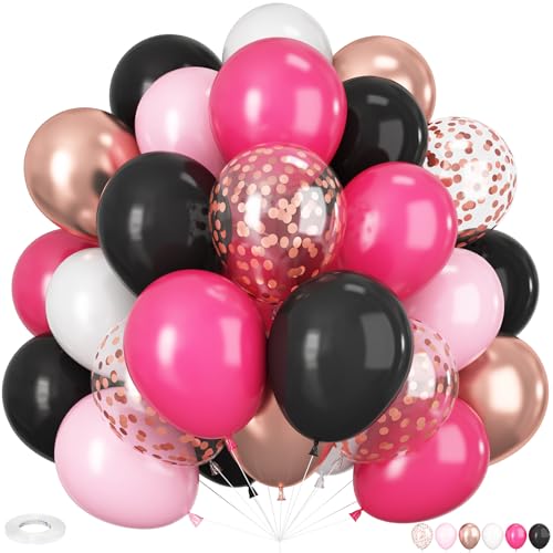 Luftballons Schwarz Rosa, 60 Stück 12 Zoll Heißes Rosa Schwarze Pinke Weiß Metallic Roségold Konfetti Ballons für Mädchen Geburtstag Babyparty Deko von HILAVO