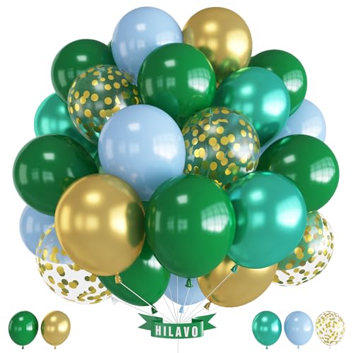 Luftballons Set Grün 12 Zoll Metallic Dunkelgrün Blau Gold Latex Konfetti Luftballons Set Geburtstag Party Ballons Deko für Jungen Männer Dschungel Safari Dinosaurier Babyparty Dekorationen von HILAVO